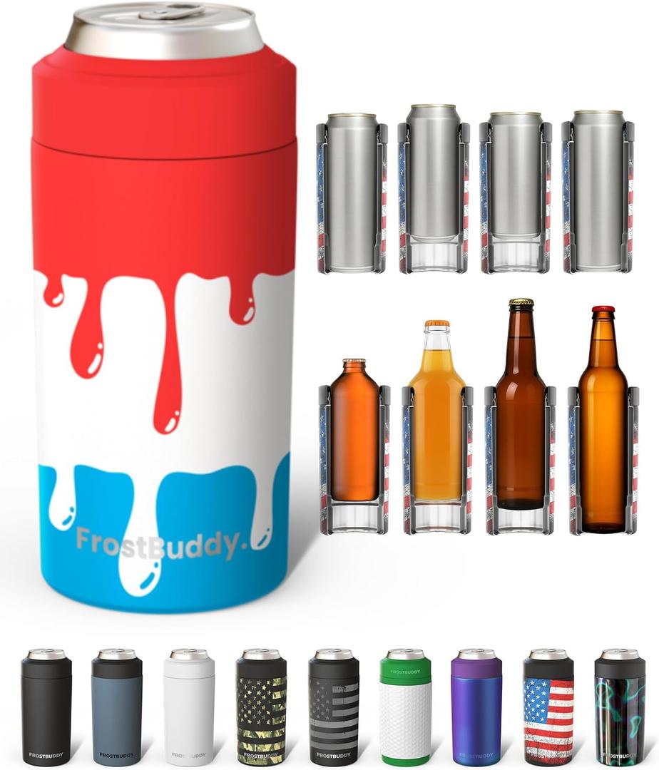 Frost Buddy Universal Can Cooler - Fits all - Stainless Steel Can Cooler for 12 oz & 16 oz Regular or Slim Cans & Bottles - Stainless Steel (Rocket Pop)