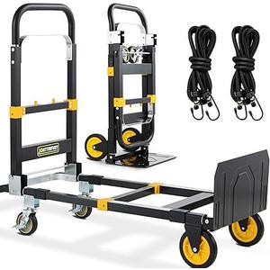 New Upgrated Convertible Hand Truck Dolly 3-in-1, Heavy Duty Hand Dolly Cart 500LB Capacity Foldable with Rubber Brake-Wheels, Anti-Slip Strip and 2 Elastic Ropes