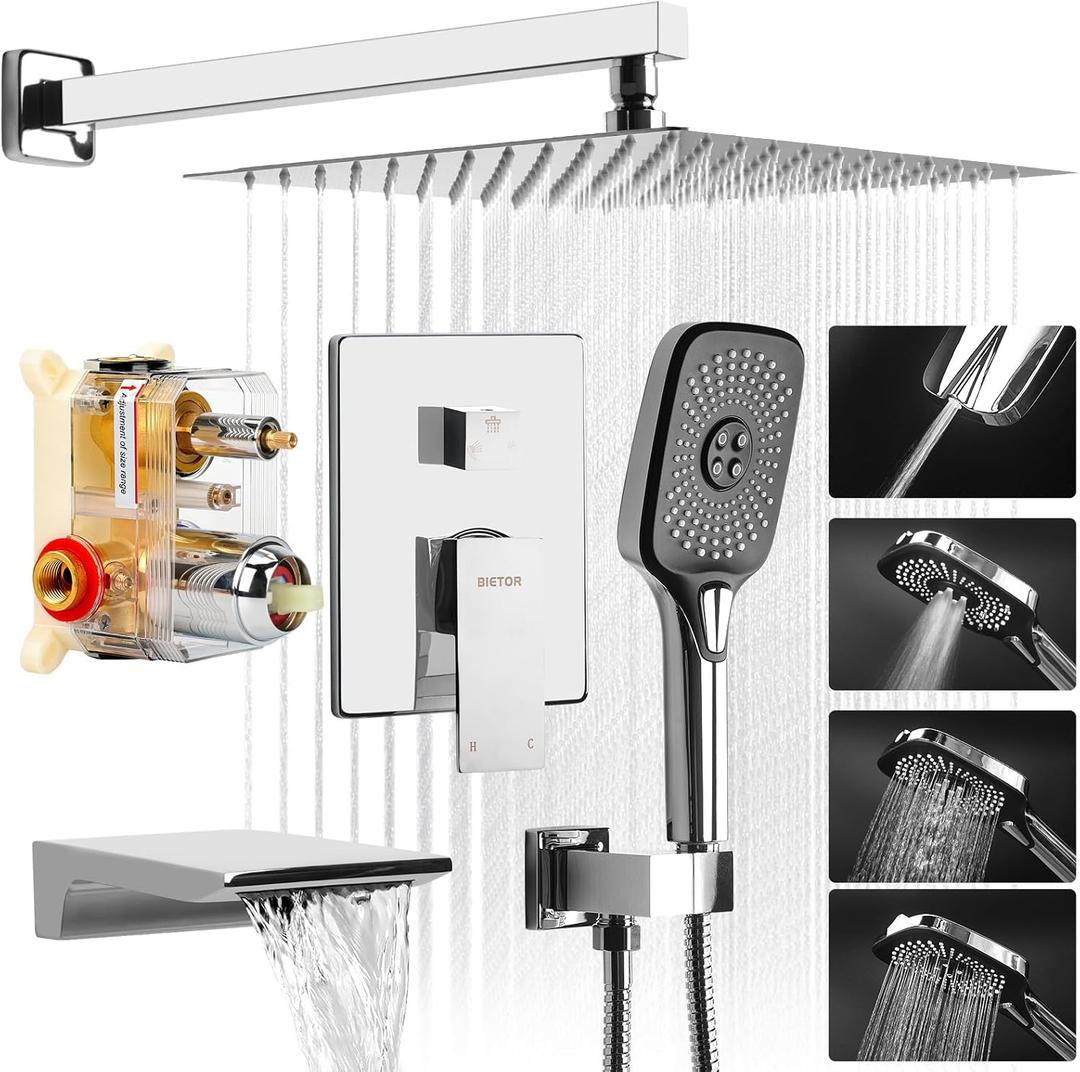 Shower System with Tub Spout, Wall Mounted Tub Shower Faucet Set for Bathroom, with 12" Rain Shower Head and 4-Setting Handheld Shower Head, Chrome
