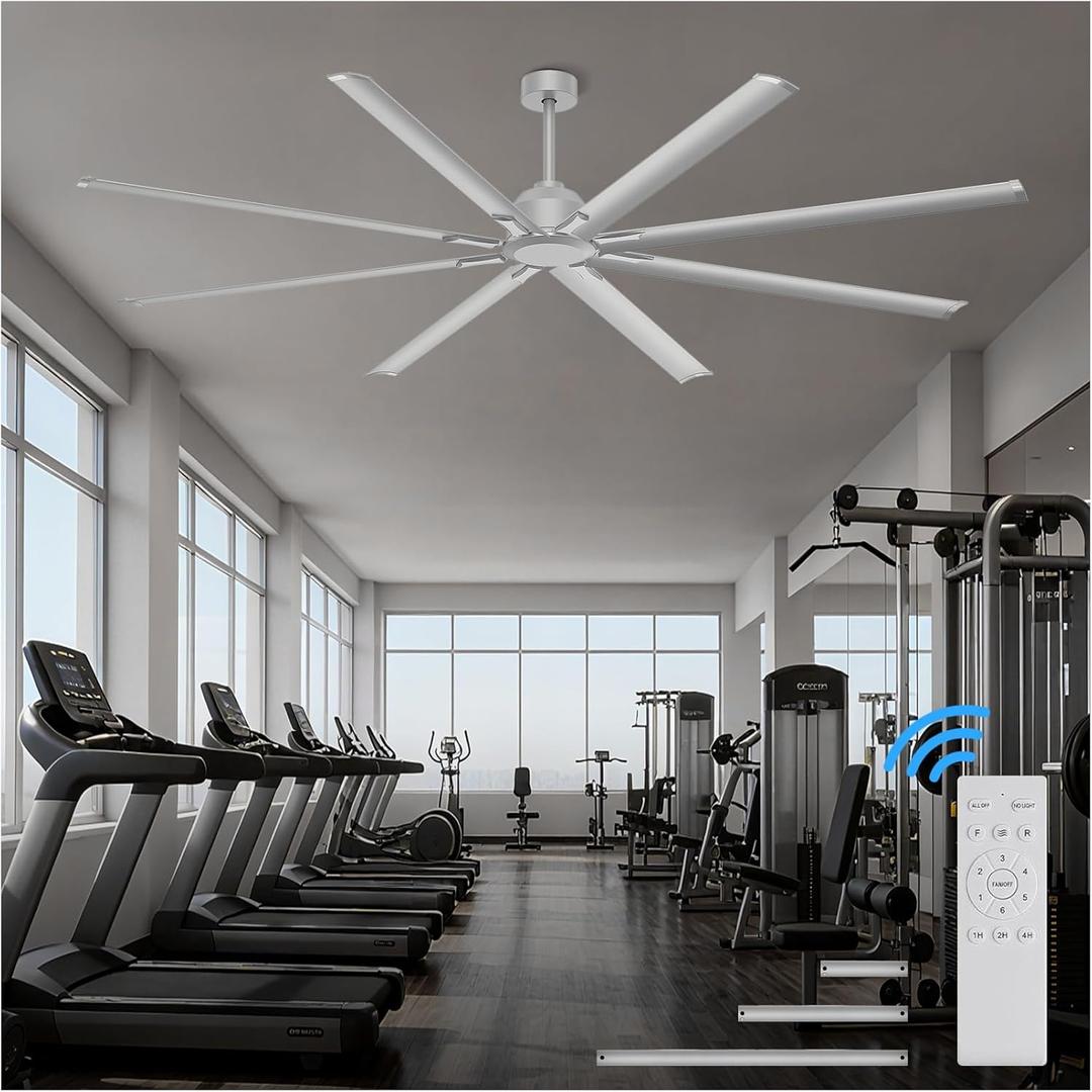96 Inch Industrial Ceiling Fan, Large Commercial HVLS Shop Ceiling Fan for Garage Gatio Gym, Big Assed Ceiling Fans with 8 Metal Blades, Quiet Reversible DC Motor, Remote Control, 6 Speeds(Silver)