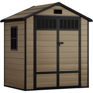 DWVO 6x4.4 FT Resin Storage Shed with Fence-Style and Side Windows, Lockable Door, and Vents for Garden, Backyard, Patio, Lawn, Brown