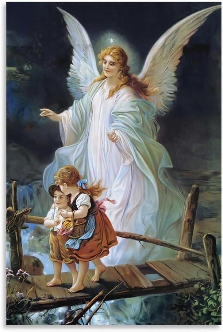 Catholic Wall Art Lindberg Heilige Schuguardian Angel Picture De La Guarda Poster Guardian Angel And Children Crossing Bridge Religious Religion Wall Art Painting Poster Unframe-style 12x18inch