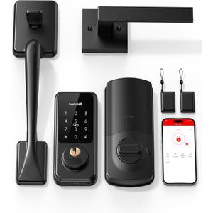 Smart Keyless Entry Door Lock with Handle, Hornbill Front Door Lock Set, Keypad Code Deadbolt with Lever, Digital Touchscreen via Alexa/Bluetooth/Keyfob/Key, Black