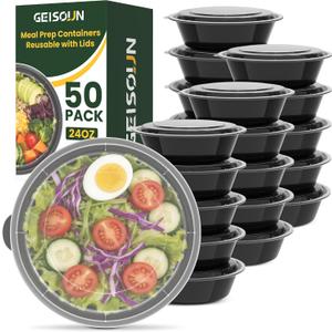 24oz Round 50-Pack Meal Prep Containers Reusable with Lids, To Go Take Out Plastic Food Storage Containers with Lids, Sturdy Leakproof & Food Safe, Microwave Freezer Dishwasher Safe Prep Containers