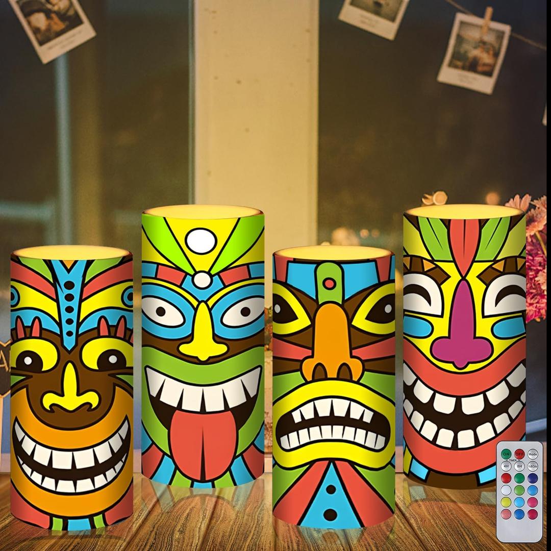 Tiki Flameless Candles Hawaiian Table Decorations Flameless Candle with 18-Key Remote Timer Pillar for Summer Holiday Tiki Bar Party Home Bar Table Decoration