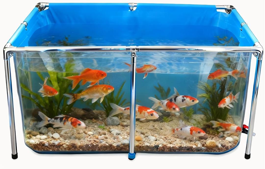 PVC Fish Pond,Above Ground Fish Tank,Goldfish/Koi Pond with Clear Viewing Panel, Outdoor Canvas Aquarium with Stainless Steel Frame & Drain Valve for Outside,47.2 * 31.5 * 23.6in,152 Gallon