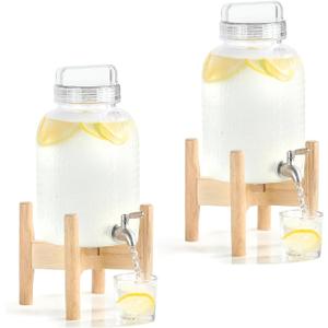 EGGKITPO 2 Pack 1.5 Gallon Drink Dispensers for Parties Hosting Wedding Beverage Dispenser with Wood Stand and Spigot, BPA-Free Polycarbonate Lemonade Container for Halloween Home Buffet Iced Tea