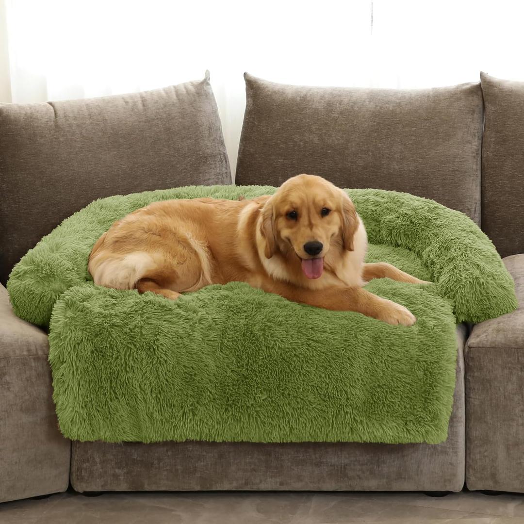 Calming Dog Bed Fluffy Plush Dog Mat for Furniture Protector with Removable Washable Cover for Large Medium Small Dogs and Cats (Extra Large (53x39.3x6), Grass Green)