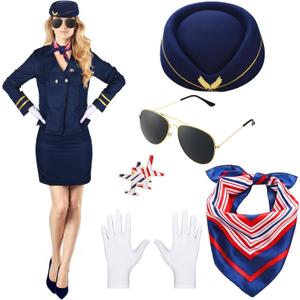 Xtinmee 7 Pcs Halloween Flight Attendant Costume Women's Pilot Captain Cosplay Accessories Pilot Hat Role Outfits (Medium, Navy)