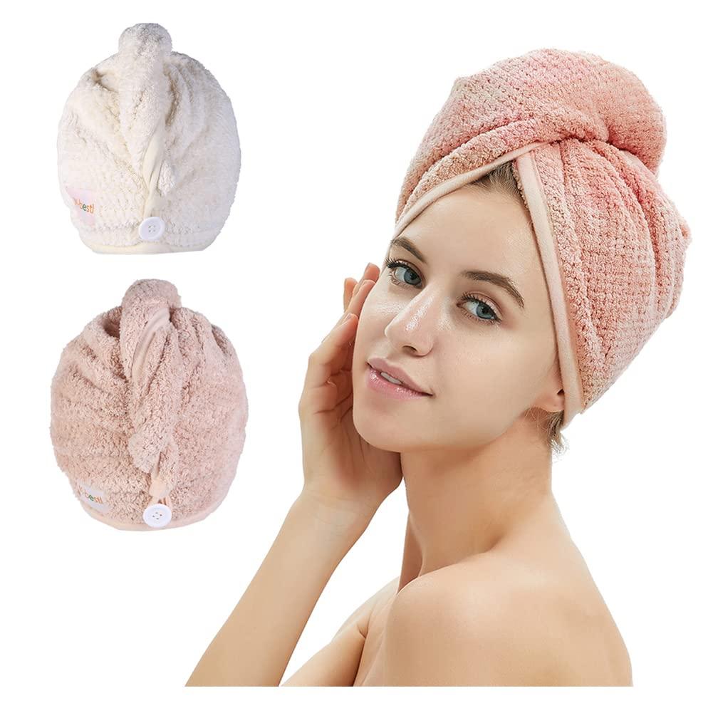 M-bestl 2 Pack Microfiber Hair Towel Wrap, Hair Drying Towel with Button, Hair Towel Turban, Quick Dry, Anti-frizz, Absorbent Head Towel (Pink&Beige)