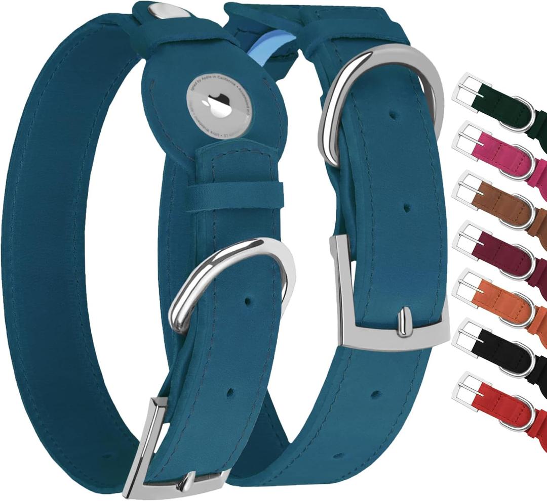 Leather Dog Collar with Airtag Holder - Apple Air Tag Dog Collars - Soft Tracking GPS Pet Collar for Small Medium Large Dogs Breed Puppy (Smoky Blue, M, 12"-15" Neck Fit)
