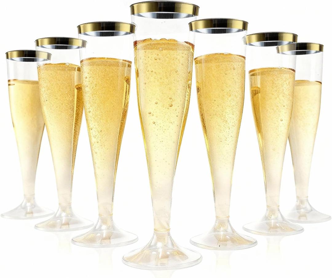 Bestluck 100 Pack Champagne Flutes Plastic with Gold Rim, 4.5 oz Clear Plastic Disposable Stemware, Disposable Champagne Flutes for Party, Mimosa Bar, Wedding, Anniversary and Graduation