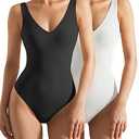 SUUKSESS Women 2 Piece Thong Bodysuit Sexy V Neck Backless Sleeveless Tank Tops Body Suits (Black & White, XL)