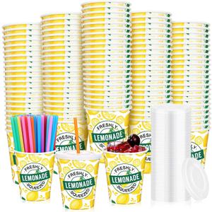 Meanplan 300 Pieces/100 Sets Lemonade Cups with Lids and Straws Disposable Cups for Party Decorative Lemon Paper Cup Lemonade Stand Supplies for Water Juice Kitchen Coffee Birthday Decorations (9 oz)