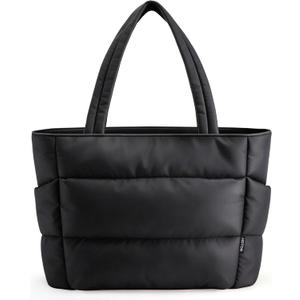 HOTOR Puffer Tote Bag for Women, Nurses - Multi-Pocket Lightweight Bag for Work - Quilted Handbag for Travel and Gym (18.1"  6.3"  11.8", Black)