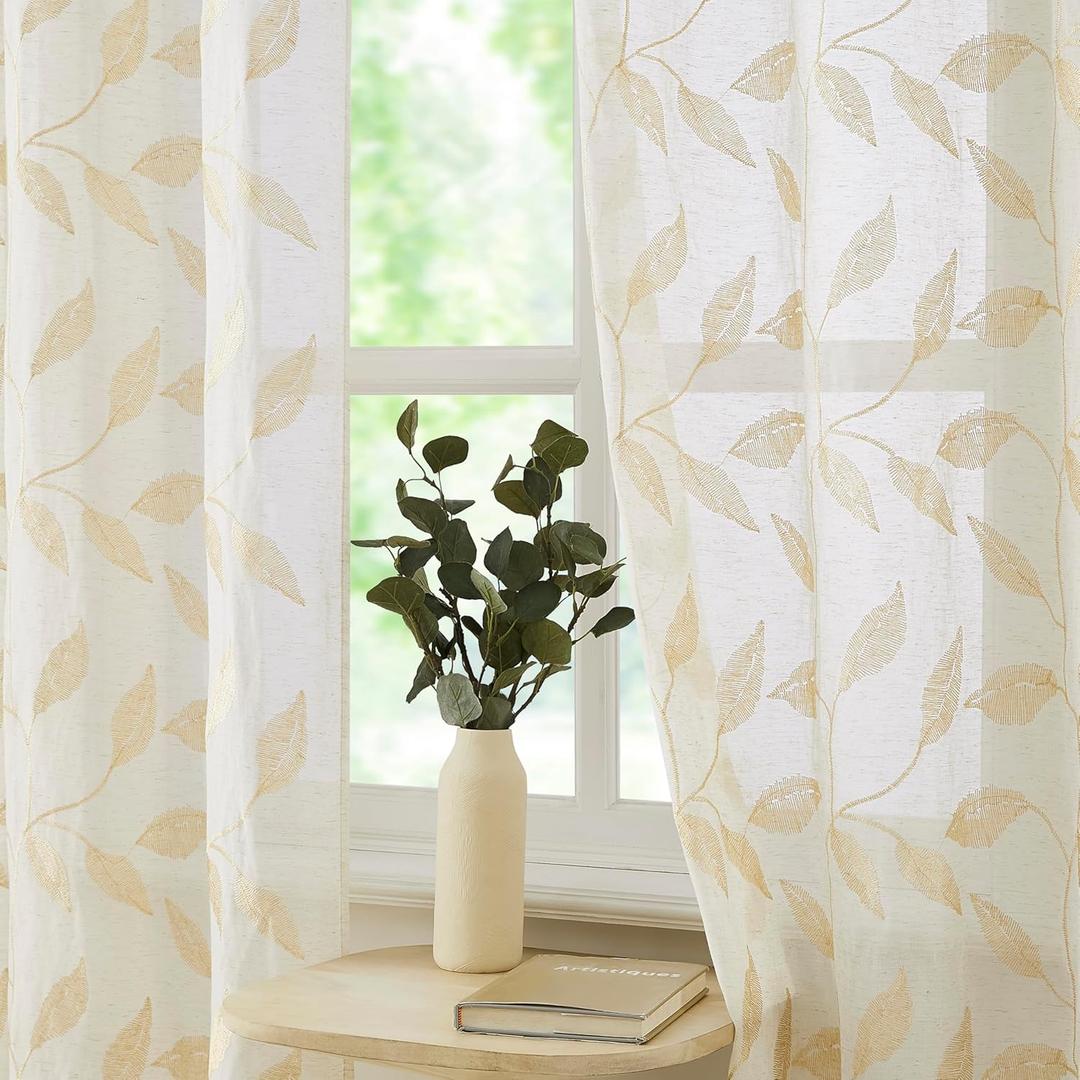 Bujasso Embroidered Leaf Sheer Curtains Floral Farmhouse Light Filtering Window Panels Botanical Patterned Drapes for Living Room Bedroom Grommet Top, Gold 38" Wx63 Lx2