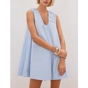 MISSACTIVER Women's Sleeveless Babydoll Tank Mini Dress Scoop Neck Ruched Short Dress with Pockets Size M