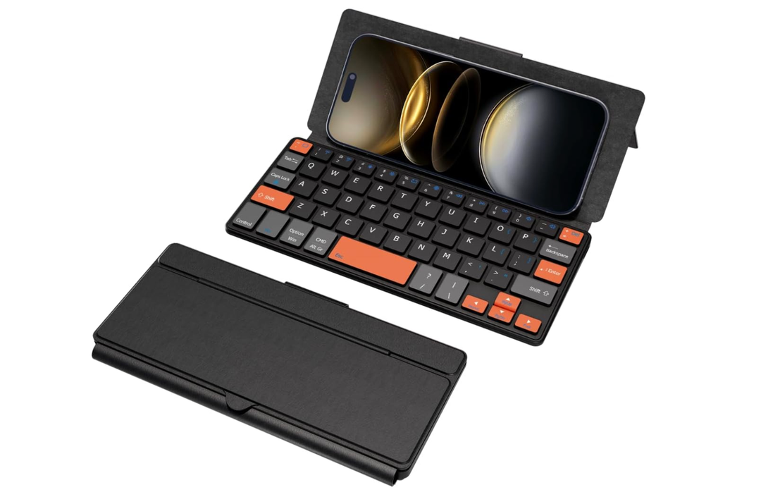 Doohoeek Universal Bluetooth Mini Keyboard, Wireless Compact Keyboard with Orange Navigation Keys & Any-Angle Stand for Android/iOS/Windows, Dual-Device Keypad for Phones/Galaxy Z Fold/iPad mini