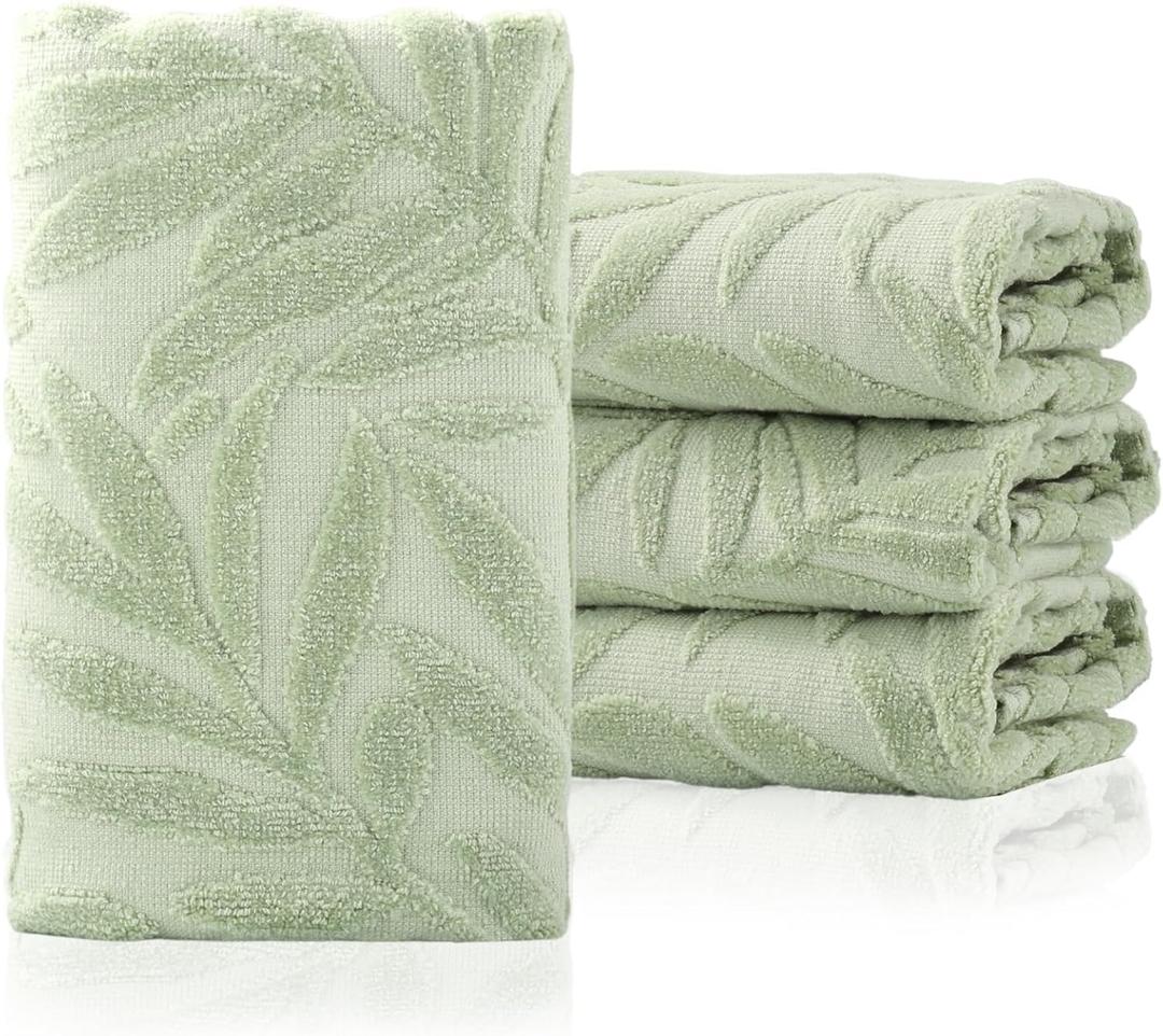 Hand Towels Set of 3 Leaf Pattern 100% Cotton Absorbent Soft Decorative Towel for Bathroom Kitchen Home Hotel Beach, 29.1 x 13.4 Inch (Green) (3 Green)