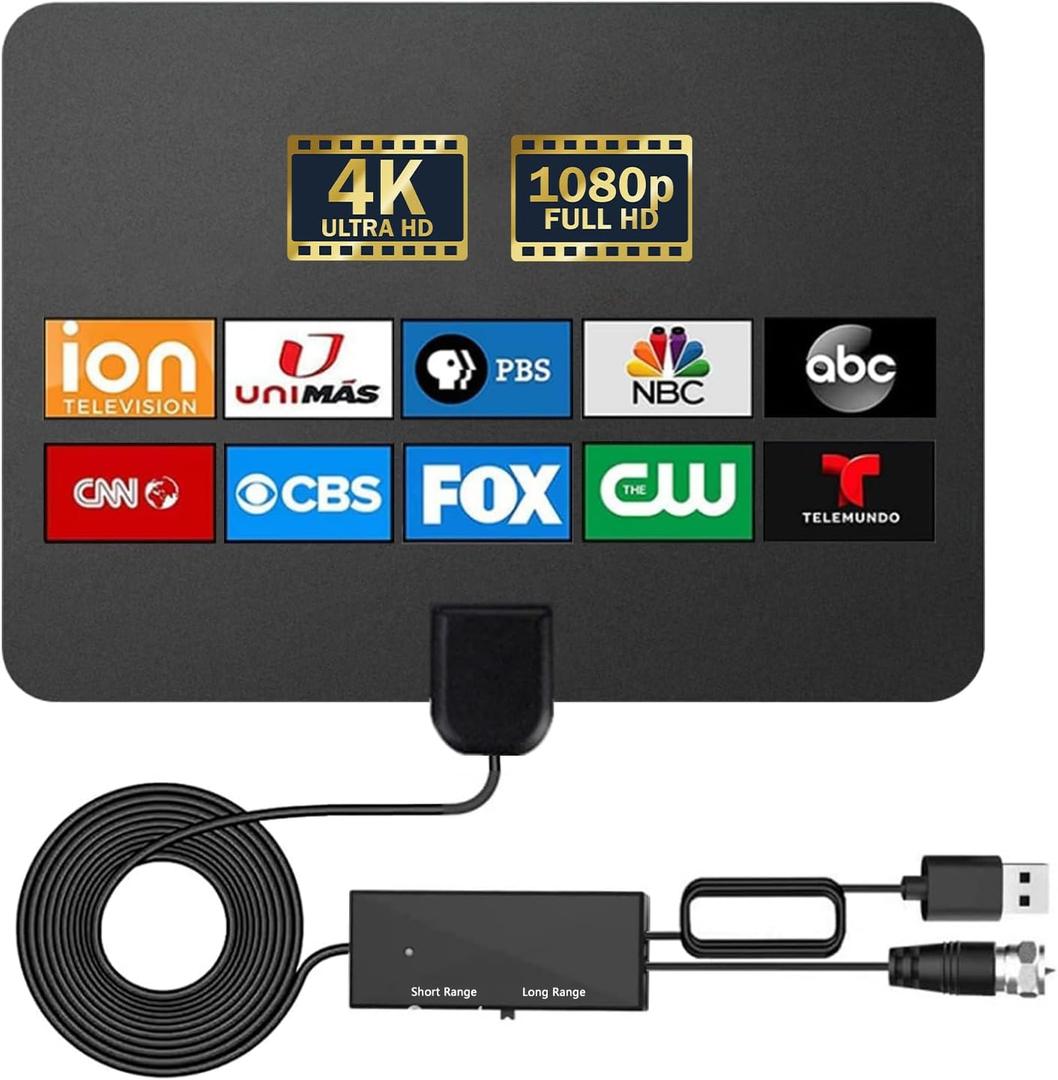 TV Antenna Indoor - Local Channels Digital TV Antenna - Supports 4K 1080p - with Signal Booster - Remote Reception Antenna for Smart TV and Old TVs - 16ft HDTV Coaxial Cable (Black) (Flat thin style)