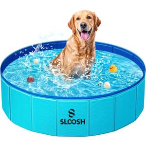 Sloosh Foldable Dog Kiddie Pool - Portable Hard Plastic Doggie Swimming Pool, Anti-Slip Collapsible Pets Bath Tub Suitable for Kids Indoor Outdoor Backyard Use (32" x 8", Blue)