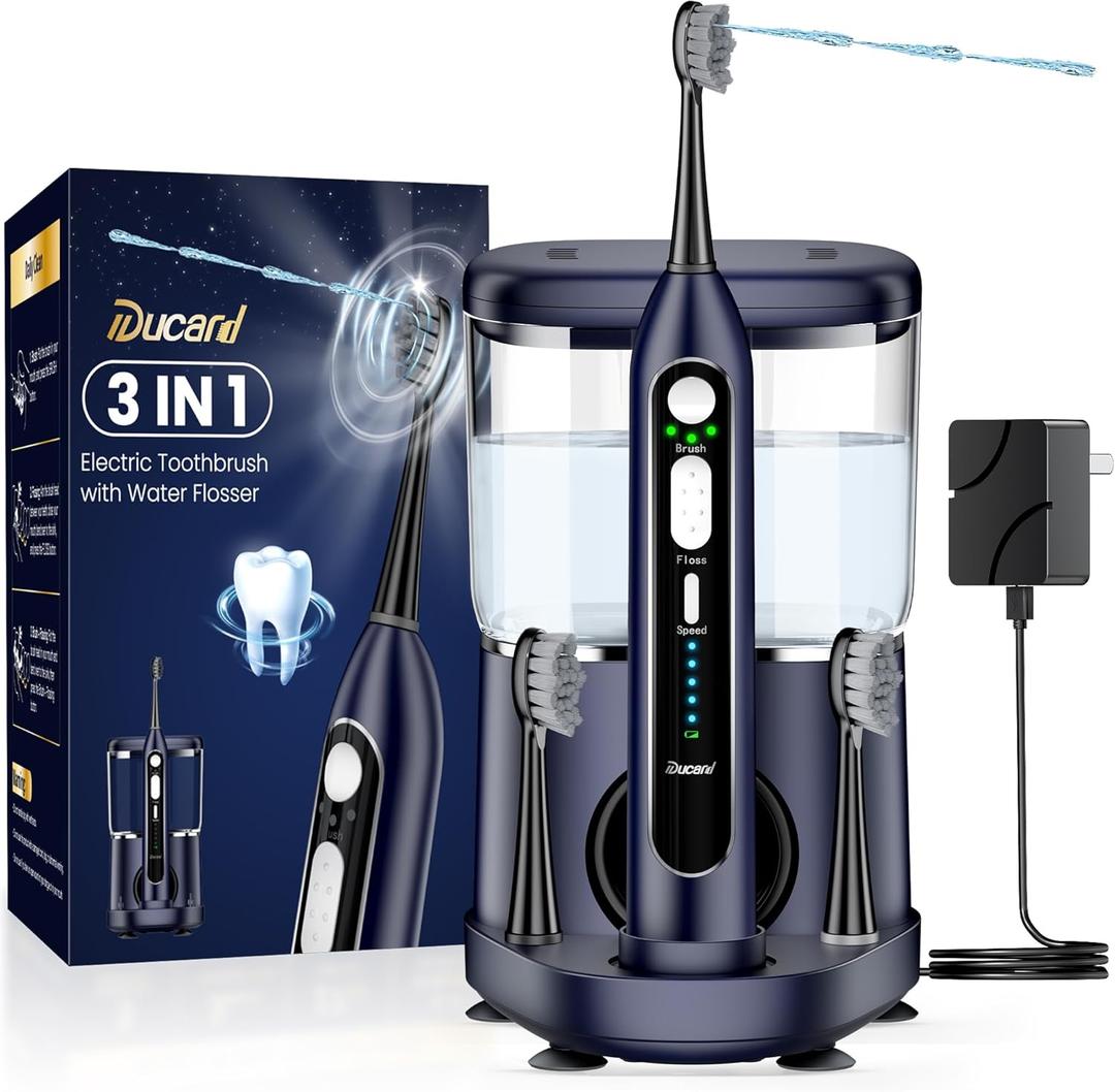 Electric Toothbrush with Water Flosser Combo for Adults: 3 Brushing Modes & 5 Floss Speeds- Rechargeable Teeth Cleaner with 500mL Tank- Gum Care & Whitening, Travel-Friendly & Family Use (Dark Blue)