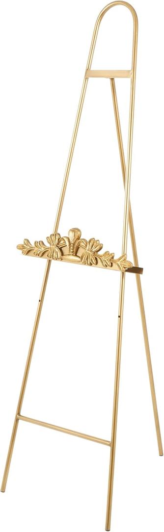 Deco 79 Metal Display Easel Arched Foldable 2 Tier Floor Standing Easel with Vine Emblem, Display Stand 19" x 25" x 63", Gold