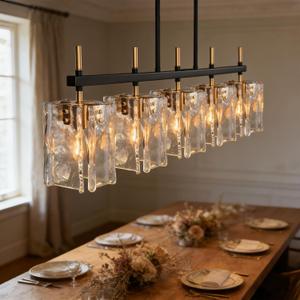 5-Light Rectangular Dining Room Light Fixture 42"L Black and Gold Glass Linear Chandeliers for Dining Room Over Table, Farmhouse Kitchen Island Pendant Light Fixtures with Water Ripple Glass