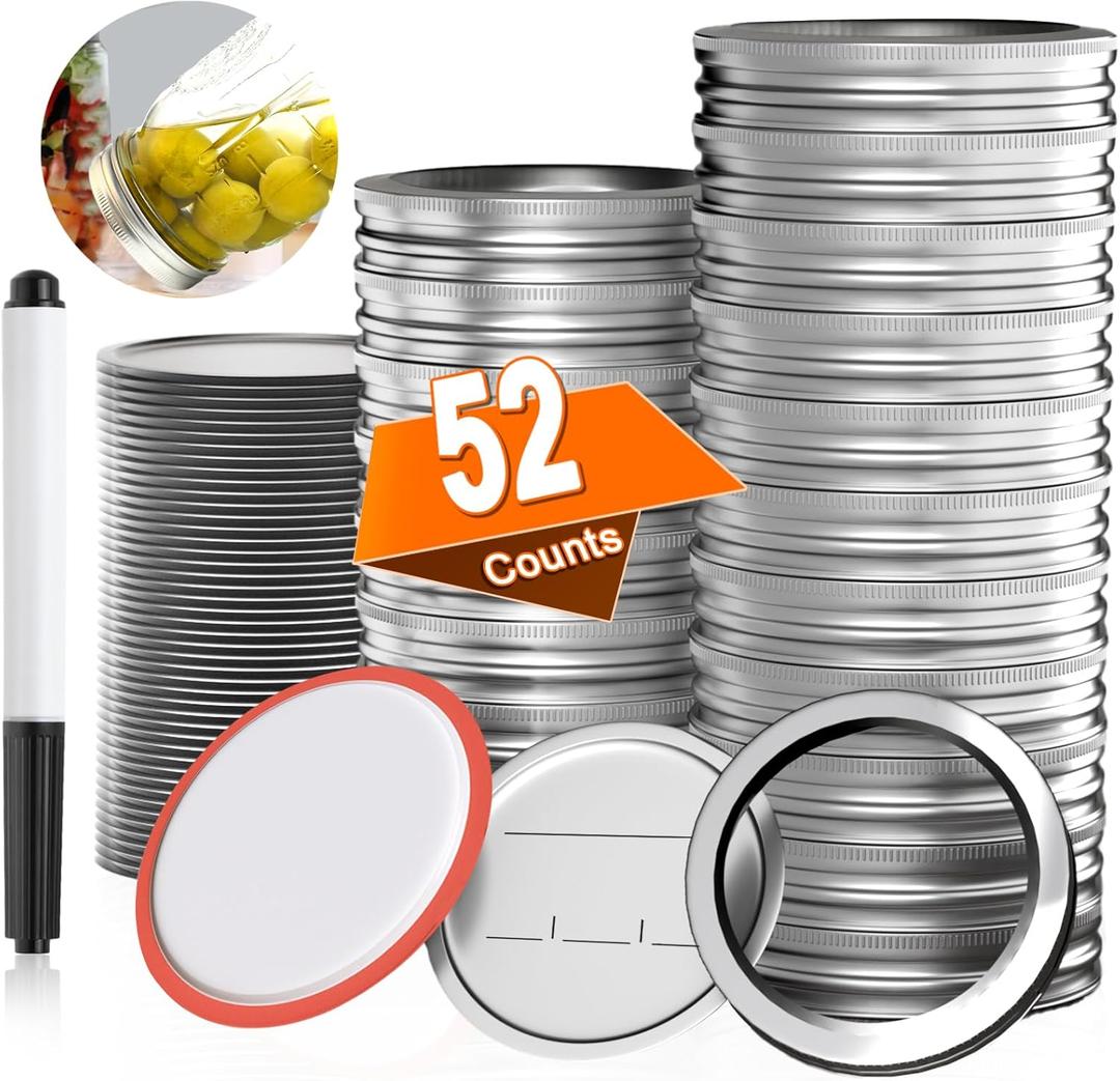 52 PCS Mason Jar Lids and Rings Regular Mouth, Reusable Canning Lids for Mason Jars, Food Grade Material Fit & Airtight, Lids for Mason Jars Complimentary whiteboard marker