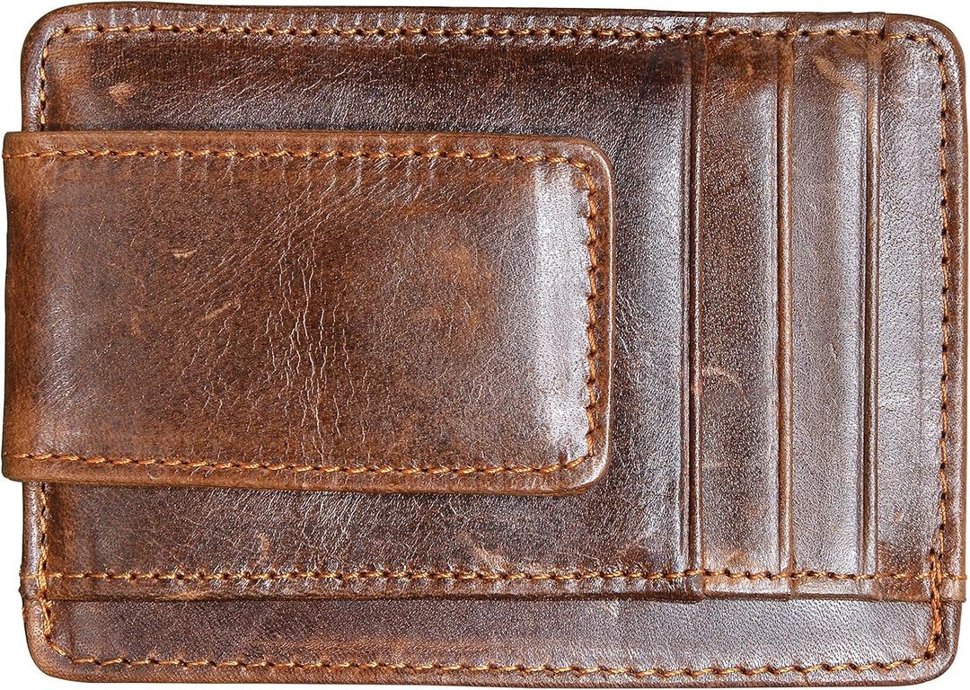 Money Clip RFID Front Pocket Wallet Men Leather Slim Minimalist Wallet (Brown with ID Window (Crazy Hourse Leather))