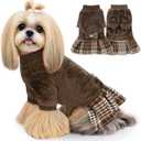 WOYYHO Adorable Winter Dog Sweater Dress with Plaid Skirt & Bowtie, Warm Fleece Outfit for Small Dog Girls Chihuahua, Yorkie Dachshund Puppy, Crew Neck, Long Sleeve, Brown, Size M 