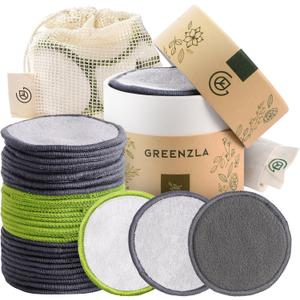 Greenzla Reusable Makeup Remover Pads, Washable Bamboo Cotton Rounds with Mesh Laundry Bag, Travel Pouch, Pad Holder - Reusable Cotton Rounds for All Skin Types - Perfect for Face Care, 30 Pack, Multi-color