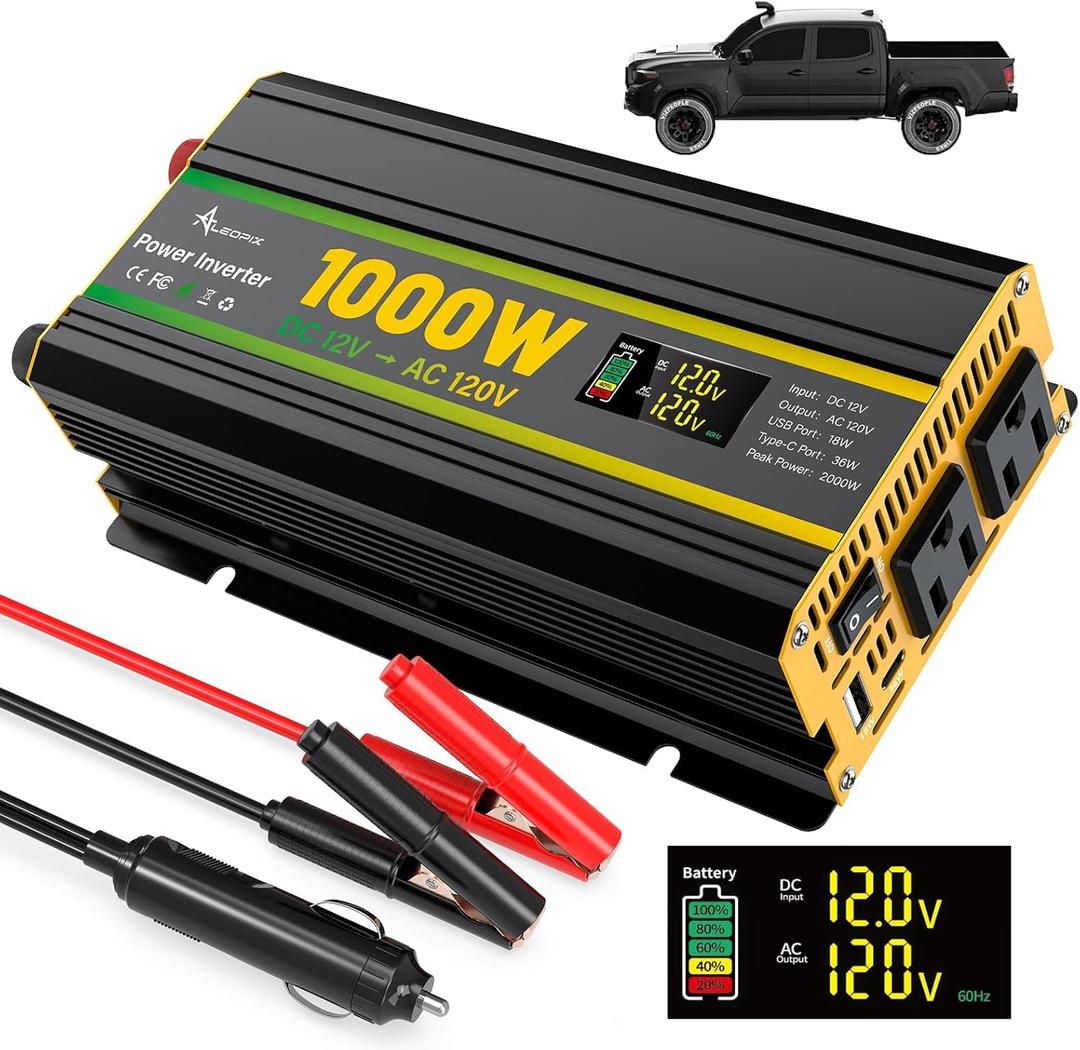 1000W Power Inverter 12V to 110V for Vehicles/Truck/Car/Laptop, 1000 Watt Car Power Inverter with Cigarette Lighter/LED Display/100A Battery Cables/2 AC Outlets/2 USB Port, Surge 2000W Car Inverter (12V-1000W-Modified Sine Wave)