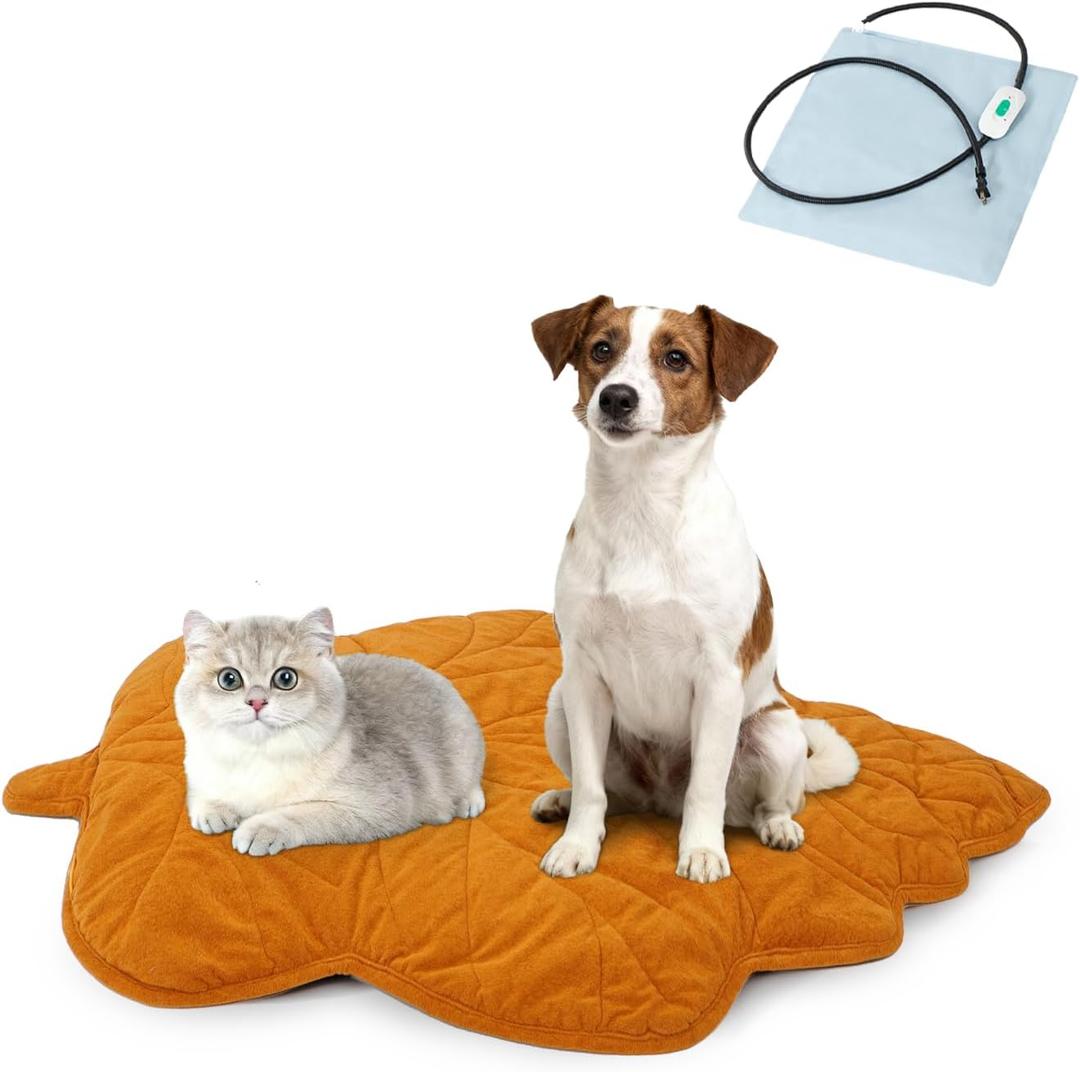 Vagascape Dog Bed, Waterproof Pet Bed with Washable Removable Cover, Comfort Cat Dog Pad for All Seasons, Heating Yellow Maple-Leaf Shape Cat Mat with Nonskid Bottom(35"x27")