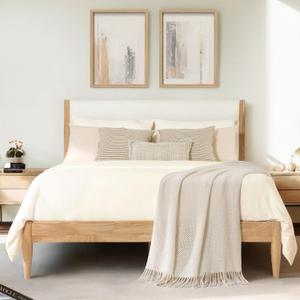 KISLOT Wood Bed Frame with Upholstered Headboard Wooden Platform with Silent Slat Support Mattress Foundation No Box Spring Needed, Easy Assembly, Queen