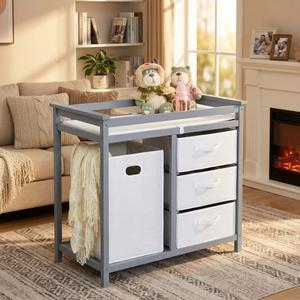 Garvee Wooden Baby Changing Table,Modern Diaper Changing Table,Infant Diaper Station Dresser with Laundry Hamper, 3 Drawer Basket- Storage Organizer for Baby Clothes, Diapers & Toys