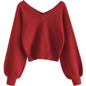 ZAFUL Women's Cropped Sweater V-Neck Long Sleeve Crop Sweater Pullover Jumper Knit Top (Medium, 1-christmas Red)