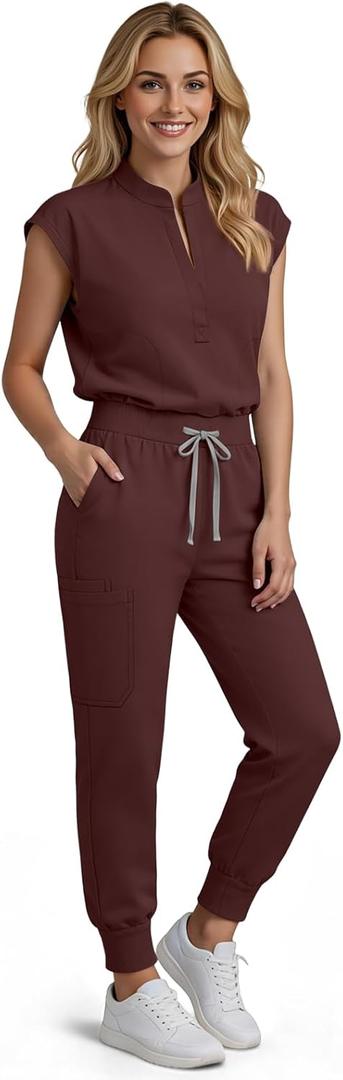 Scrubs for Women Set, Medical Women Scrubs-Stand-Up Collar Scrub Top & Jogger Scrub Pants with 8 Pockets (S)