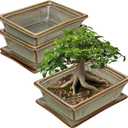 Ceramic Bonsai Pots with Drainage Tray, Set of 2 Rectangular Glazed Bonsai Planters for Indoor/Outdoor Use, Shallow Brown Bonzai Tree Pots for Succulent, Orchids, Cacti, Home, Patio, Garden, 7.5"x5.5"