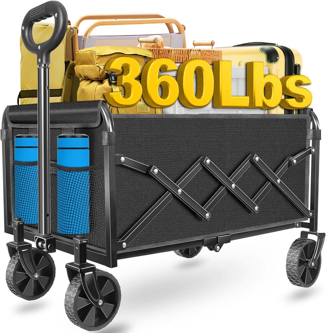 Wagons Carts Foldable, Collapsible Wagon with Wheels  Foldable Wagon for Groceries,Picnic,Beach,Camping, Small Hauls, Apartment Moving Storage, Portable Utility Folding Wagon Cart, 360lbs, Black