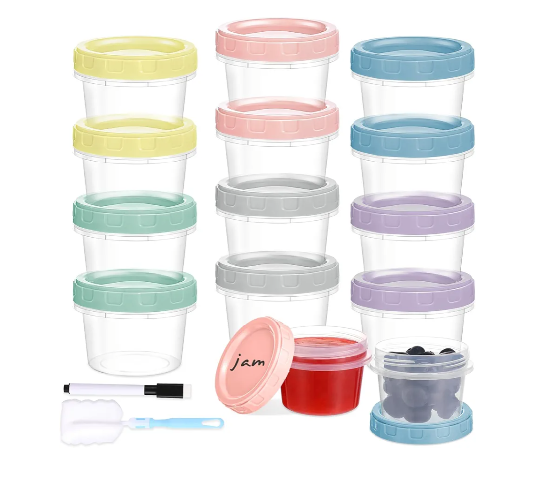 12pcs 4 oz Plastic Containers with Screw Lids, Reusable 1/2 Cup Small Food Storage Containers, Leakproof, Microwave Dishwasher Freezer Safe, with Pen and Brush