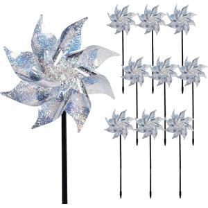 Hausse 10 Pack Reflective Pinwheels with Stakes (Assembly Required), Extra Sparkly Pin Wheel for Garden Decor, Bird Repellent Devices Deterrent to Scare Birds Away from Yard Patio Farm (Silver)