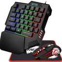 MFTEK One Hand Gaming Keyboard and Mouse Combo, RGB Rainbow Backlit One-Handed Mechanical Feeling Keyboard with Wrist Rest Support, USB Wired Keyboard Mouse and Mouse Pad Set for PC PS4 Gamer