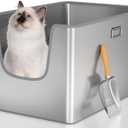 XXL Stainless Steel Cat Litter Box with High Side,No Sharp Edges for Big Cats,One-Piece Deep Metal Litter Box with Curved Low Entry,Anti-Leakage,Non-Sticky,Easy Cleaning(Side Entry) (Side Entry:24.8"17"12")