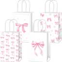 12Pcs Pink Bow Party Favor Bags Bow themed Goodie Bags Candy Bag for Birthday Party Decoration Gift Treat Bag with Handles for Bachelorette Engagement Baby Bridal Shower Supplies