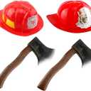 4 Pack Adult Firefighter Helmet and Axe Set Red Fireman Hat Halloween Axe Prop for Kids Adult Halloween Dress Up Accessories