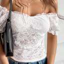 Lace Tops for Women Off Shoulder Going Out Tops Sexy Sheer Mesh Puff Short Sleeve Summer Crop Floral Corset Top (White, XL)