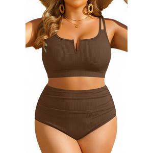 Yonique Women Plus Size High Waisted Bikini - Ribbed Two Piece Swimsuit Tummy Control Bathing Suit V-Wired 2026 Swimwear, 16 Plus