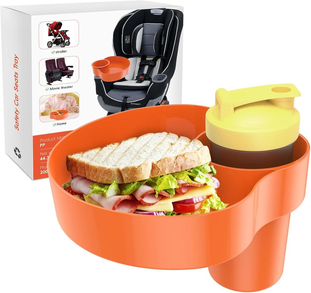 Car Seat Snack Tray for Kids: 2PCS Kids Car Seat Tray with Cup Holder, Toddlers Road Trip Essential, Travel Snacks Food Plate for Stroller, Boosters with a Cup Holder (Orange)