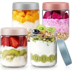 4 pack 16 oz Overnight Oats Containers with Lids and Spoons Glass Jars with Airtight Lids: Wide Mouth Mason Salad Jars, Leakproof and Reusable Glass Food Storage Container for Yogurt Snacks Spice (Multicolor)